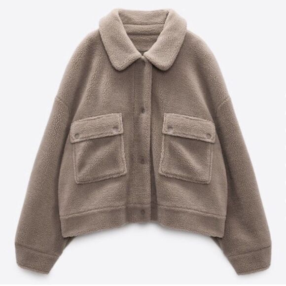 Zara Faux Shearling Bomber Jacket Womens XS Tan Sherpa Teddy Fleece Coat Outdoor - Picture 1 of 14